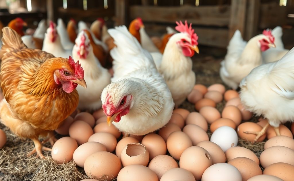 Chickens pecking holes in eggs on a farm setting