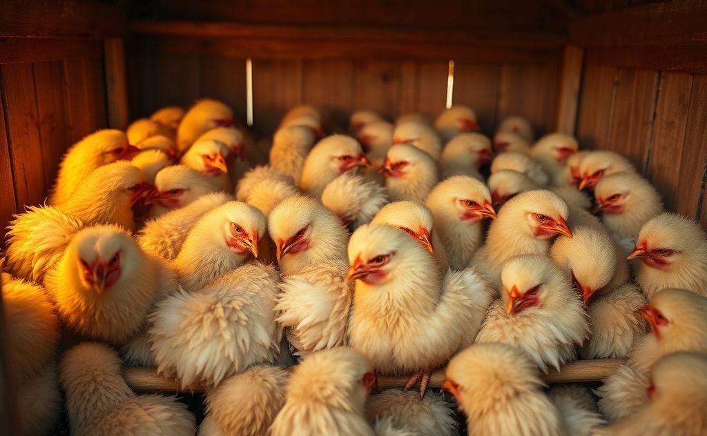 Chickens piled together in a cozy roost