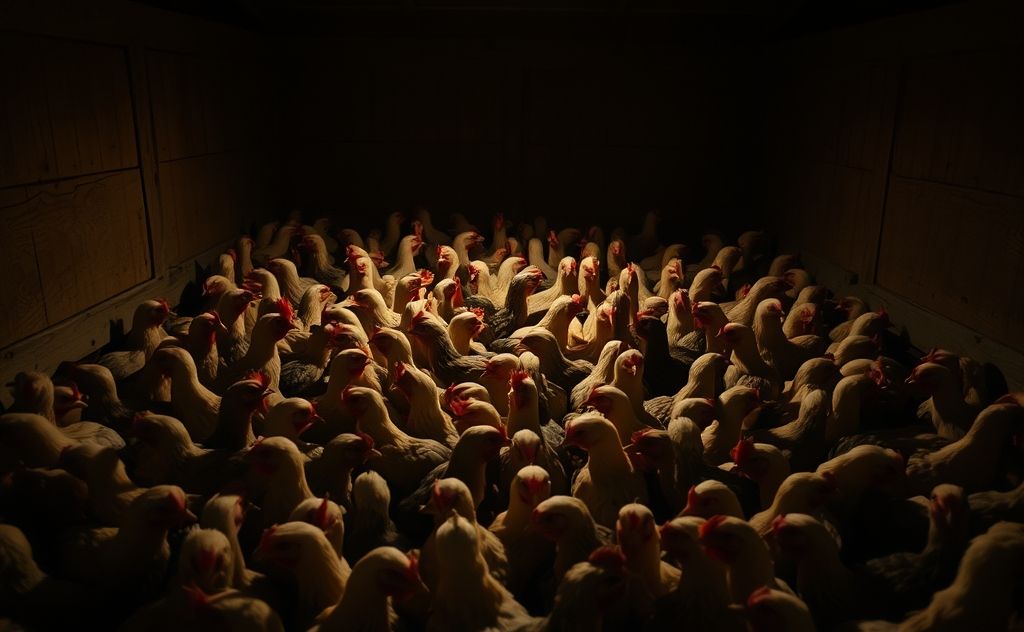 Chickens piled up in a coop at night