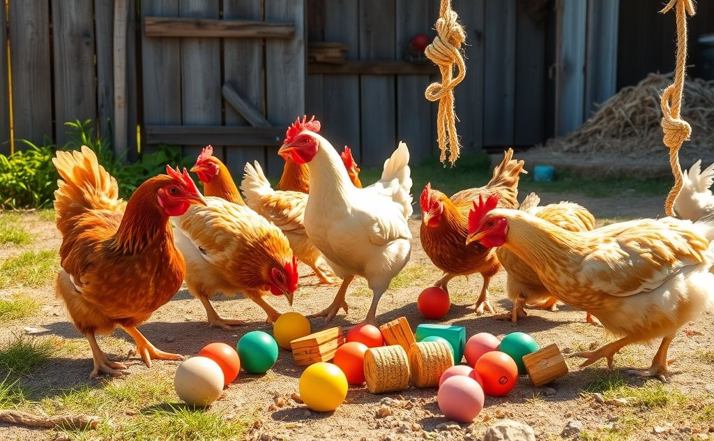 Chickens playing with toys and engaging activities