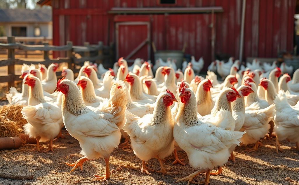 Chickens raised for meat in a farm setting