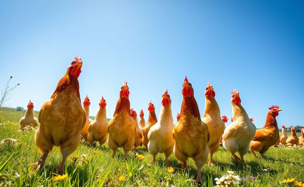 Chickens reaching for the sky in a sunny field