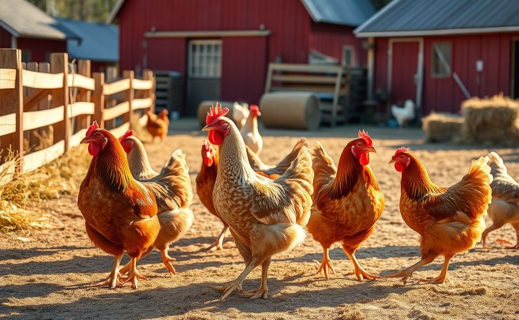 Chickens reaching full size in a farm setting