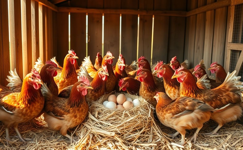 Chickens reacting to egg removal on a farm