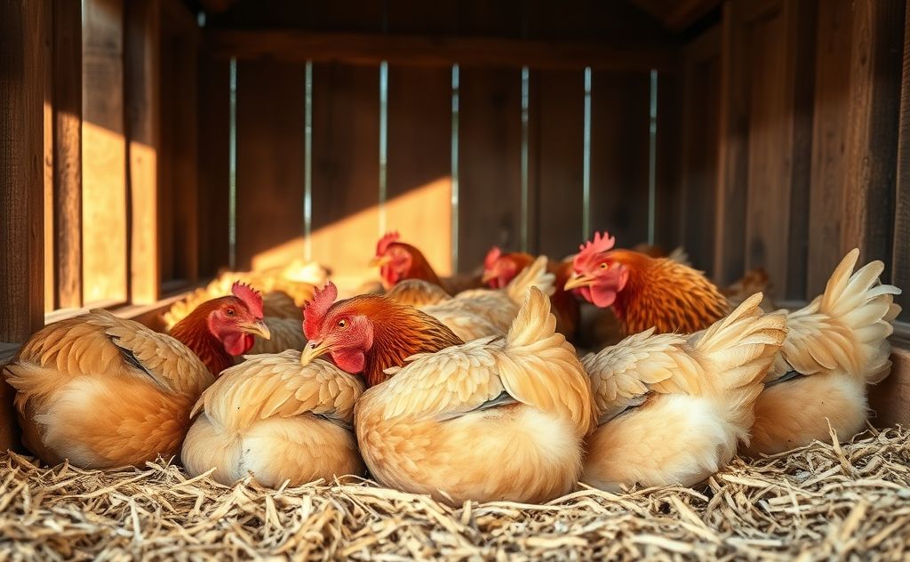 Chickens resting comfortably on their side in a coop