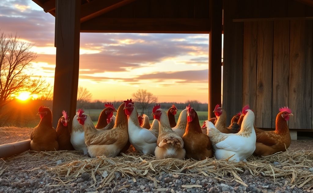 Chickens resting in a cozy barn at sunset