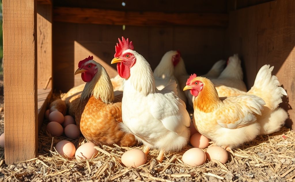 Chickens resting in a sunny coop no eggs