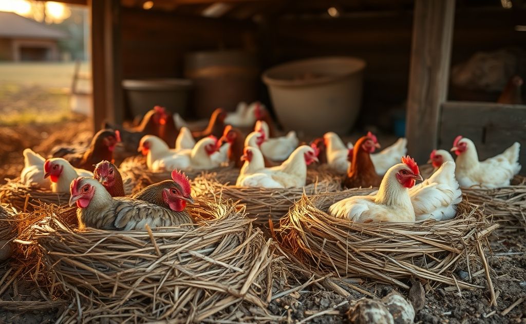 Chickens resting in cozy nests at dusk