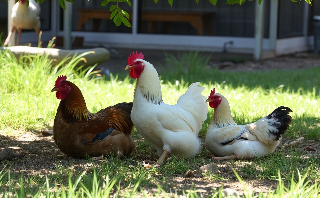 Chickens resting in shade on a hot summer day