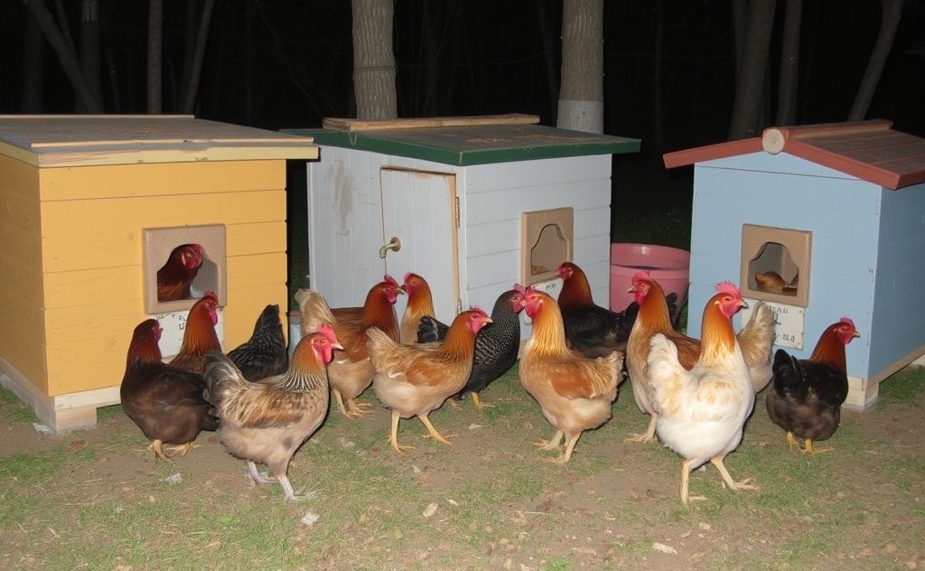 Chickens resting outside nesting boxes at night
