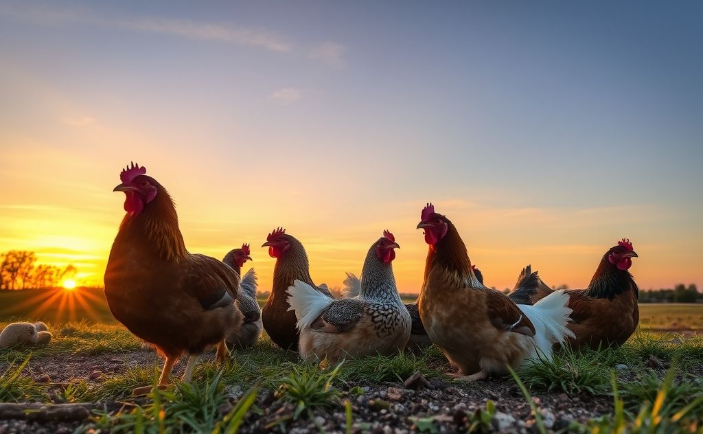 Chickens resting peacefully at sunset