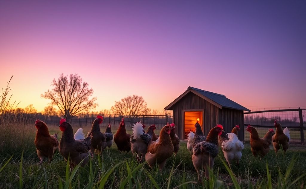 Chickens returning to their cozy coop at dusk