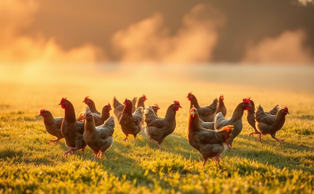 Chickens roam freely at sunrise for best health