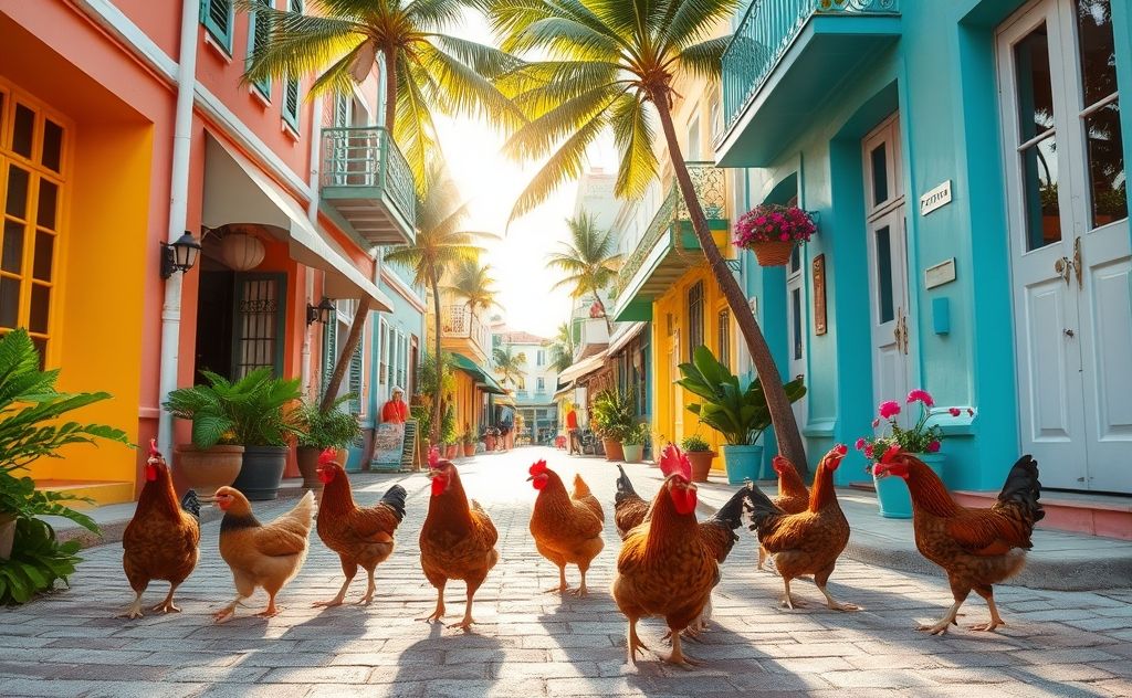 Chickens roam freely in vibrant Key West streets