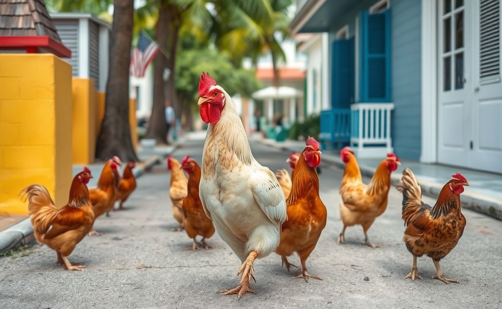 Chickens roam freely on vibrant Key West streets