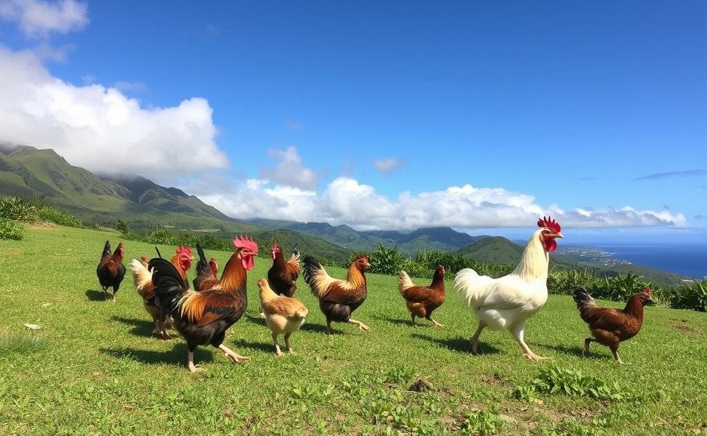 Chickens roaming freely across Maui's landscape