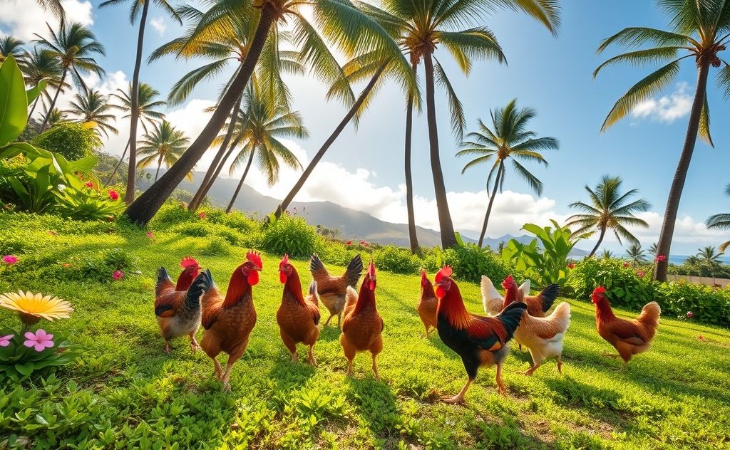Chickens roaming freely in Maui's vibrant landscape