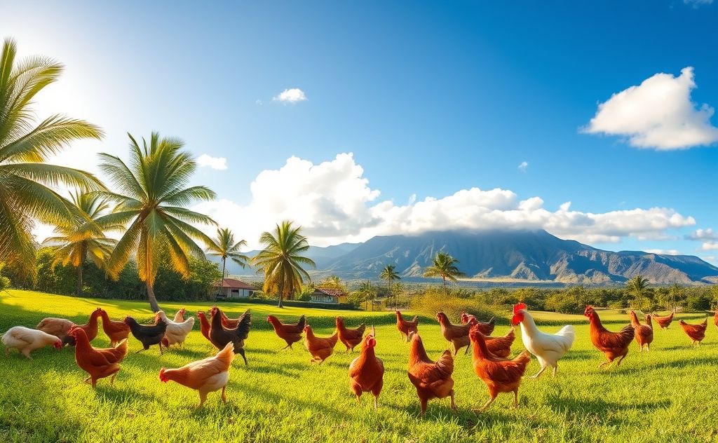 Chickens roaming freely in a Hawaiian landscape