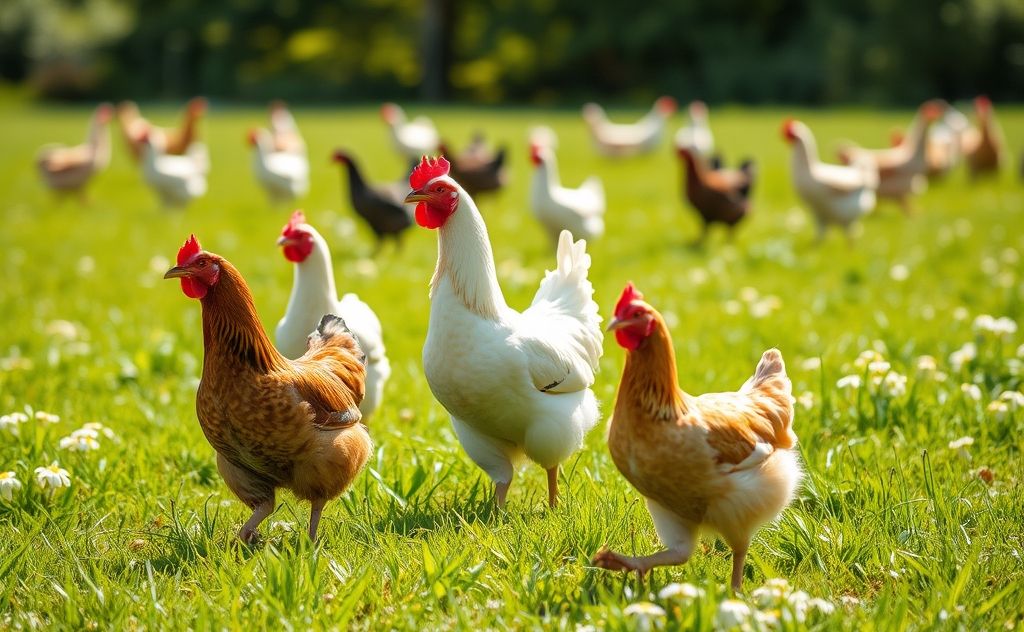 Chickens roaming freely in a sunny green field