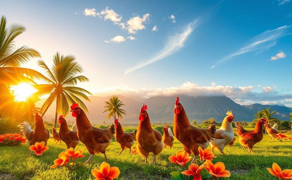 Chickens roaming freely in vibrant Hawaiian landscape