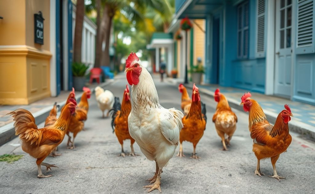 Chickens roaming freely in vibrant Key West streets