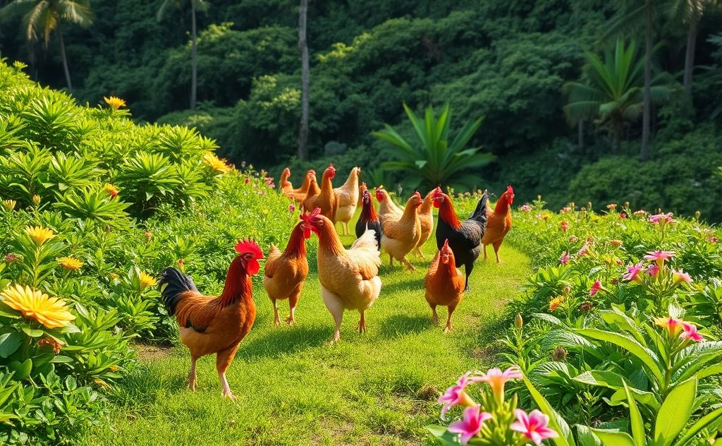 Chickens roaming freely on Kauai's lush landscape