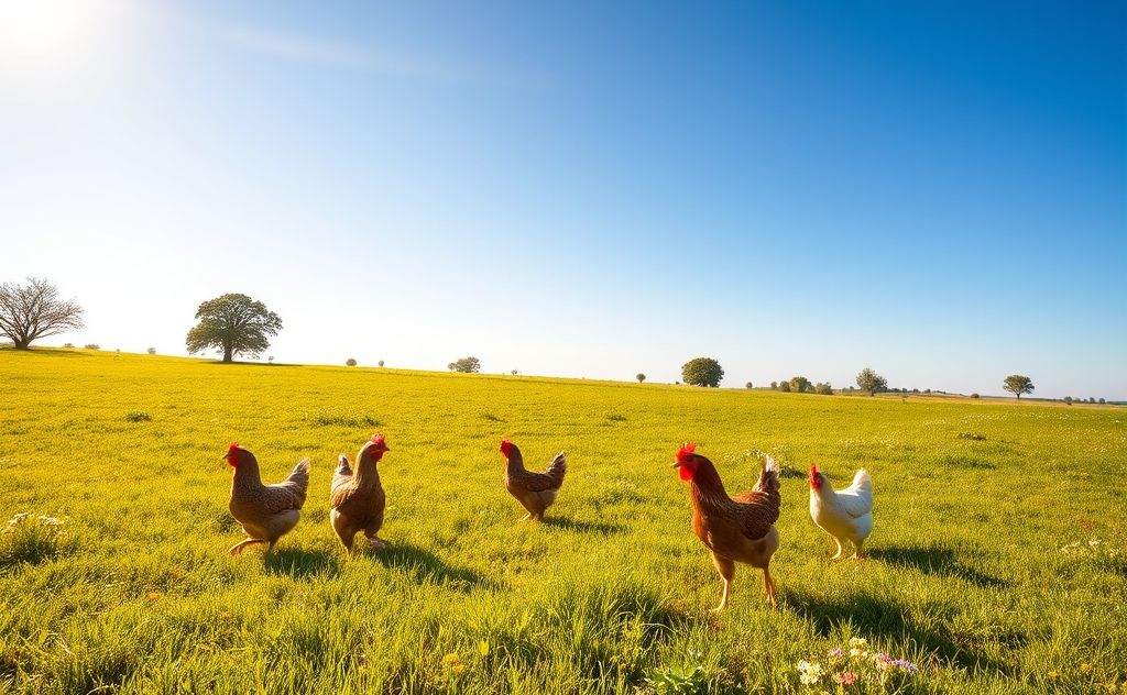 Chickens roaming freely on a sunny acre of land