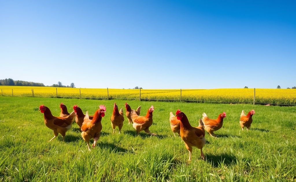 Chickens roaming freely on a vibrant green farm