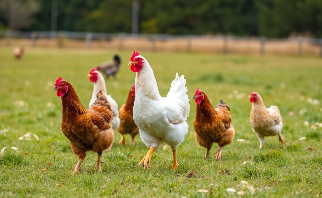 Chickens roaming freely on open pasture
