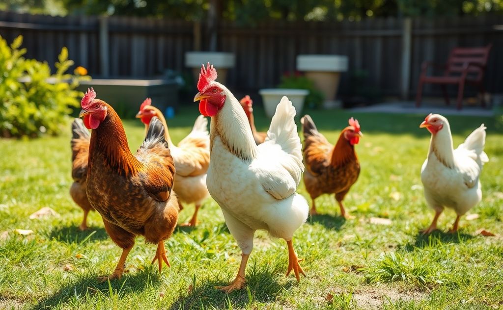 Chickens roaming happily in a sunny backyard
