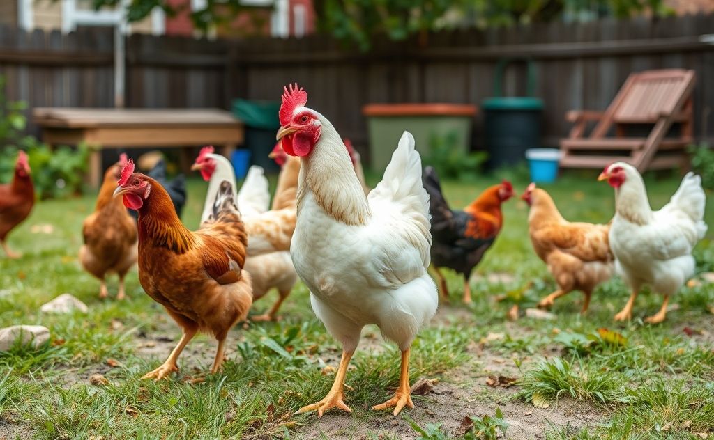 Chickens roaming in a city backyard setting