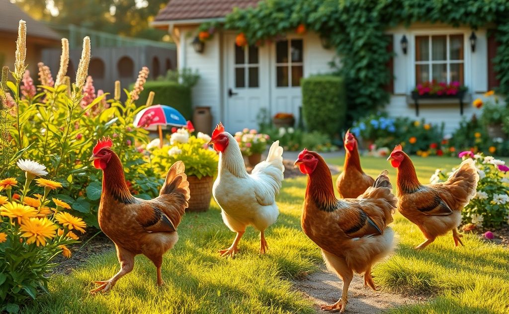 Chickens roaming near a cozy home garden