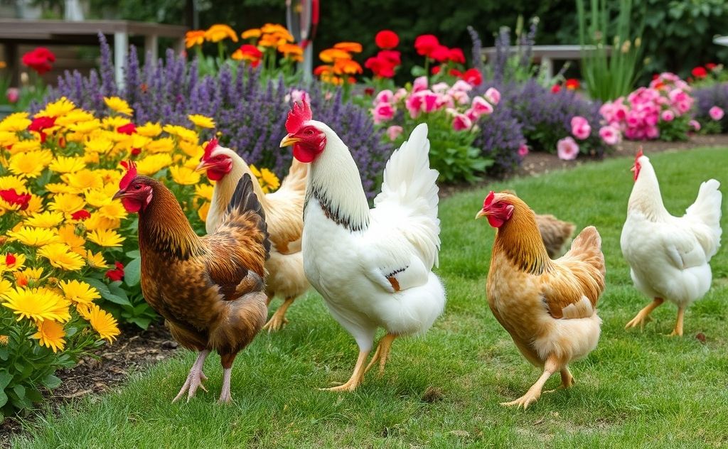 Chickens roaming near vibrant flower beds