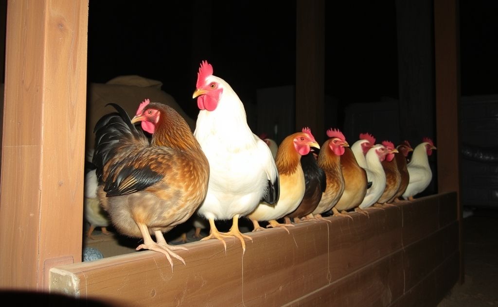 Chickens roost at night in safe spaces