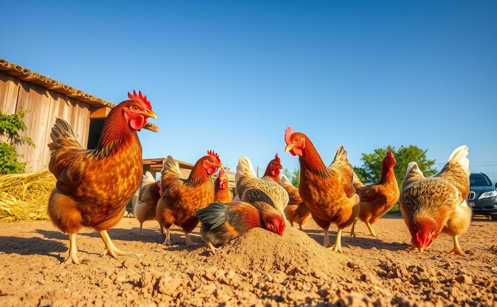 Chickens scratch ground for dust baths and fun