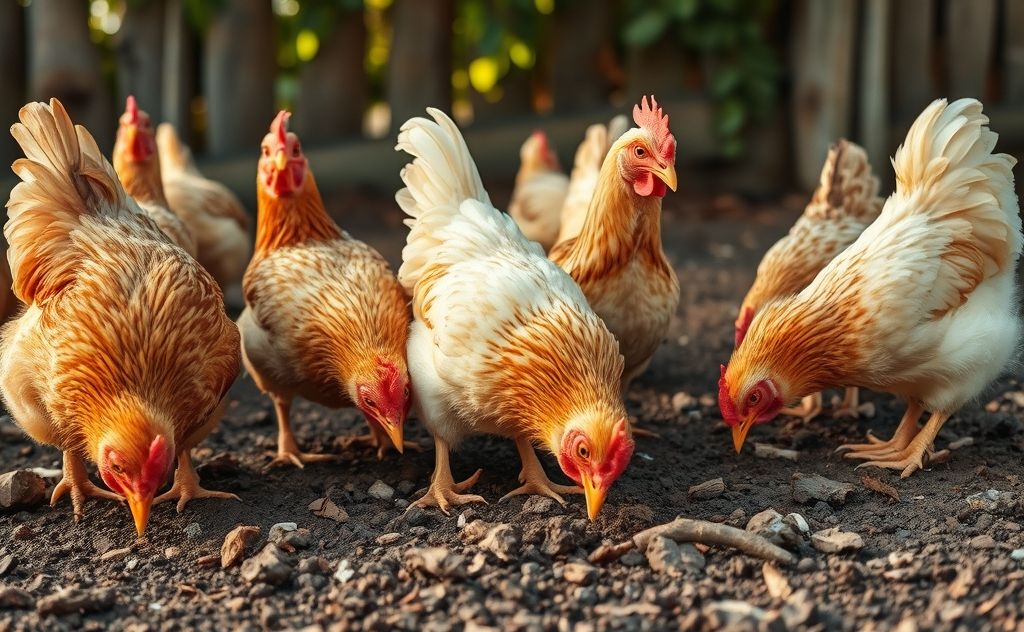 Chickens scratching in dirt for food and fun