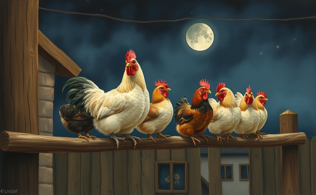 Chickens settling in for the night on a perch