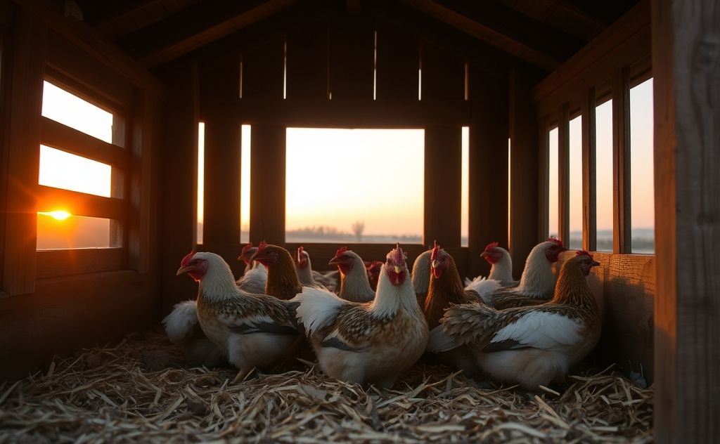 Chickens settling in their cozy coop at dusk