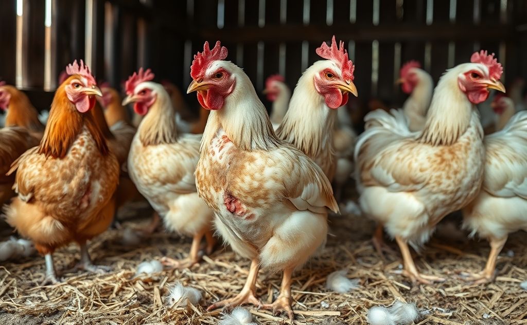Chickens shedding feathers due to stress and health issues