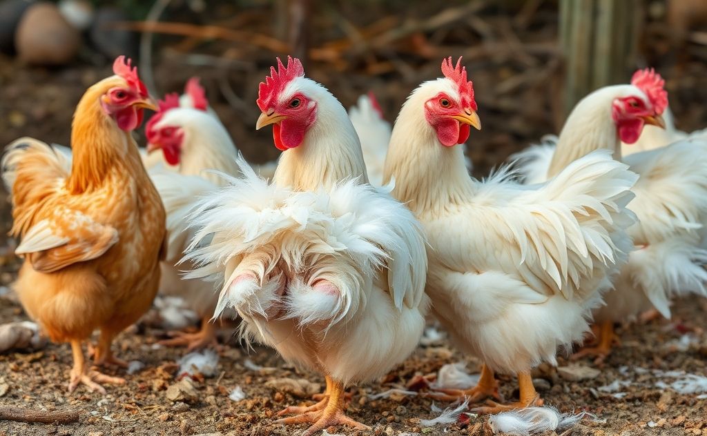 Chickens shedding feathers in a natural setting