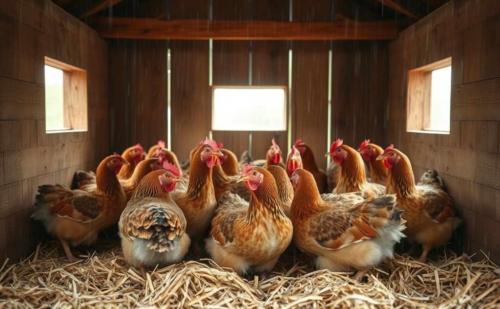 Chickens sheltered from rain in a cozy coop