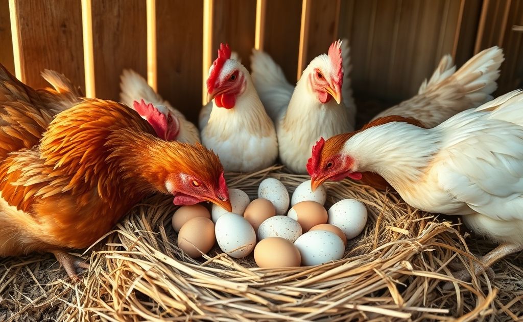 Chickens shifting eggs in their nest
