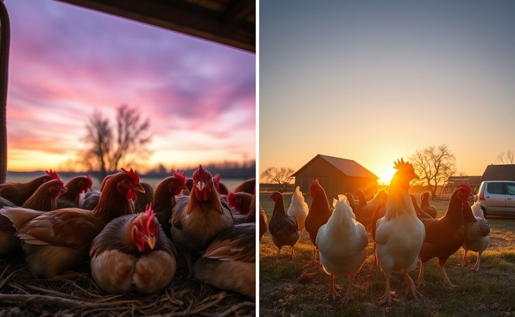 Chickens sleep at dusk wake at dawn
