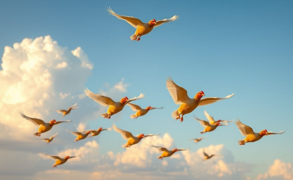 Chickens soaring with clipped wings in open sky