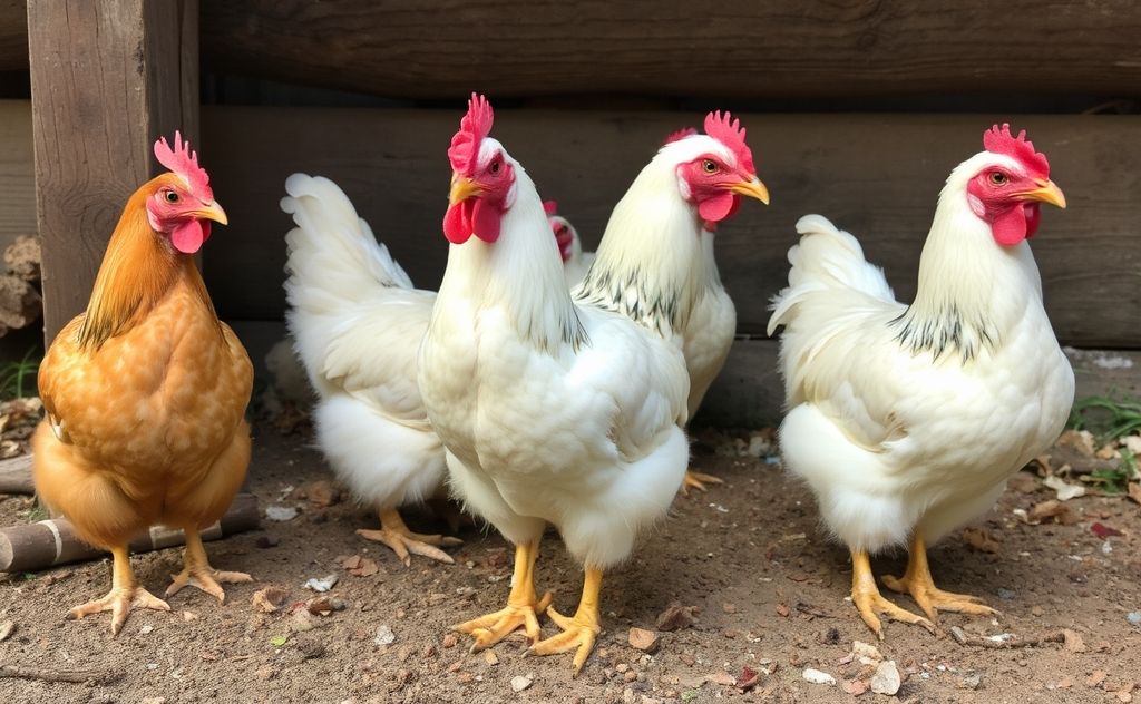 Chickens squatting for comfort and protection