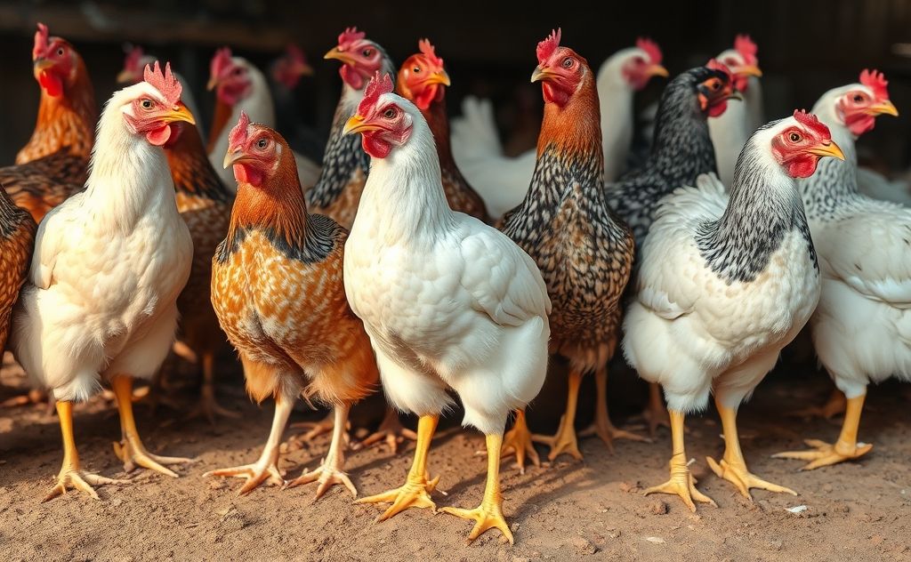 Chickens standing with their two legs visible