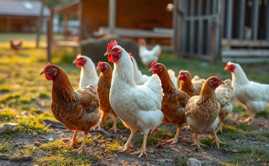 Chickens starting their day at dawn in a farm setting