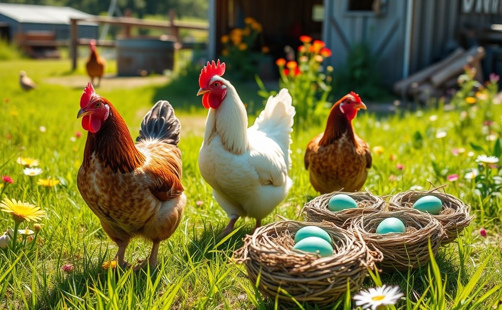 Chickens that lay green eggs in a sunny farm setting