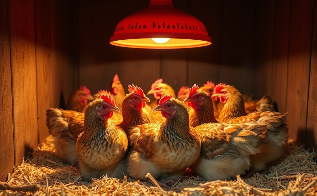 Chickens under a heat lamp for warmth and safety