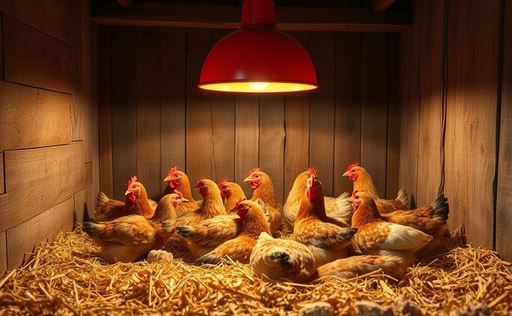 Chickens under a heat lamp in a cozy barn setting